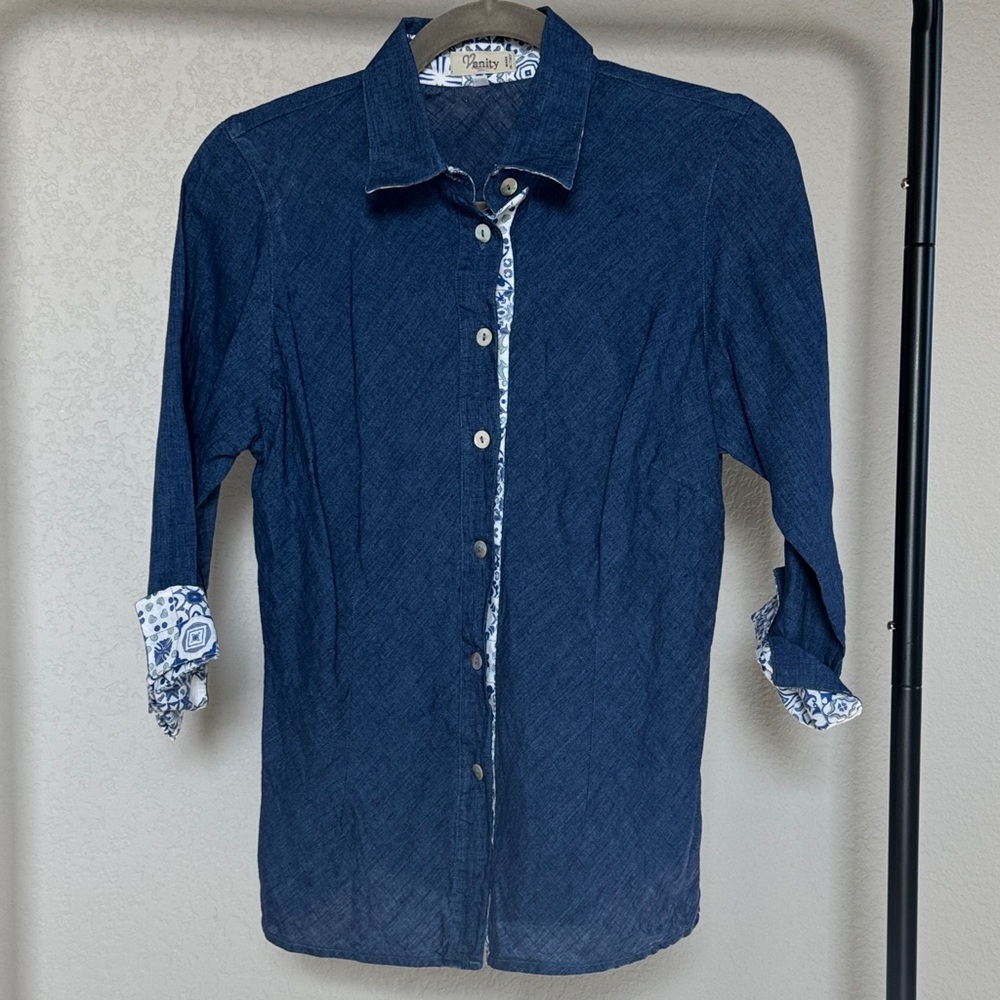 Vanity  100% Linen Blue Button Down Shirt with White Accents